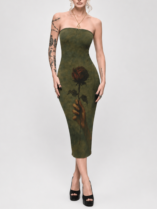 Vintage Oil Painting Rose Tube Midi Bodycon Dress