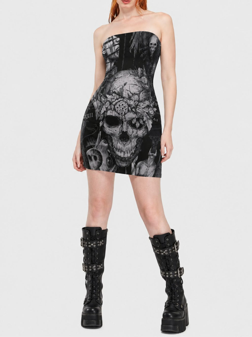 Retro Gothic Skull-Print Bodycon Skirt
