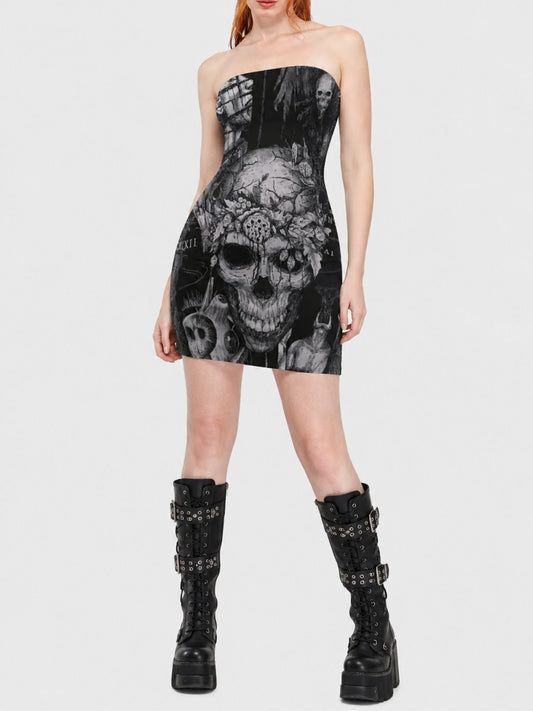 Retro Gothic Skull-Print Bodycon Skirt
