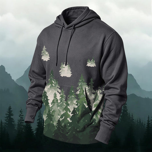 Cotton-Blend Green Shadow Forest Print Hoodie