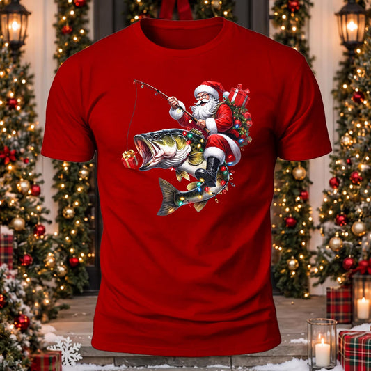 Fishing Santa Printed Short Sleeve T-Shirt