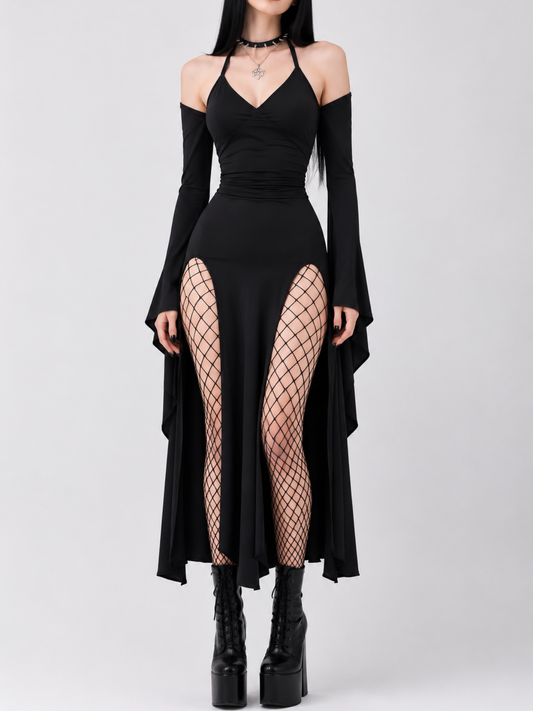 Dark Gothic Off-the-Shoulder Cutouts  Halter-Neck Dress