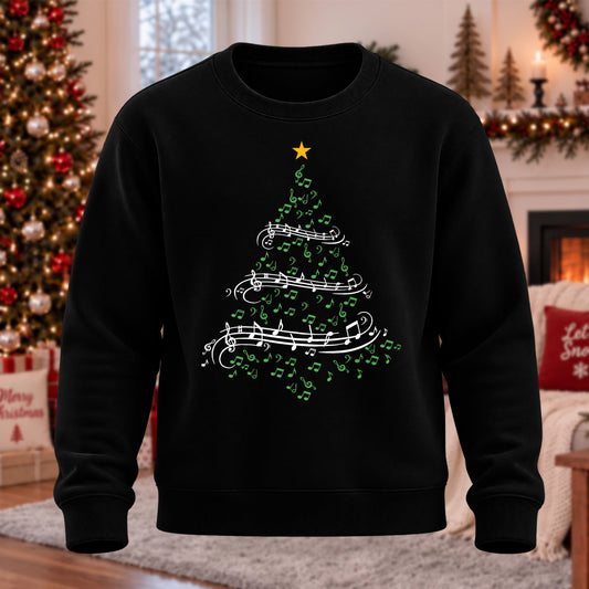 Music Note Christmas Tree Printed Round Neck Sweatshirt