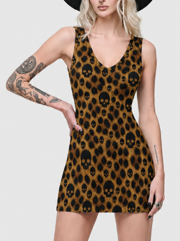 Leopard Skull Print V Neck Sleeveless Mini Bodycon Dress