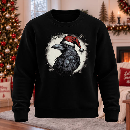 DTG Crow Wears Santa Hat Printed Round Neck Sweatshirt