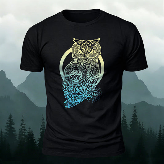 Viking Mythology Owl Print Casual Cotton T-Shirt
