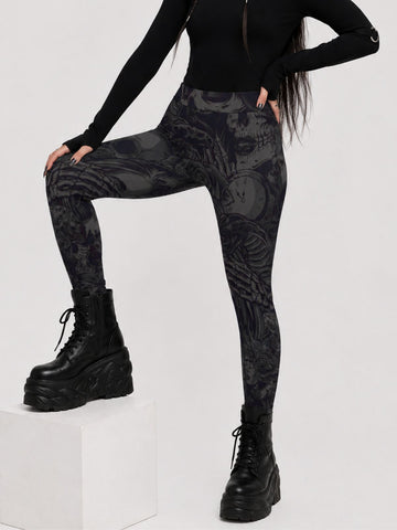 Fashionable Gothic-Print Polyester Leggings