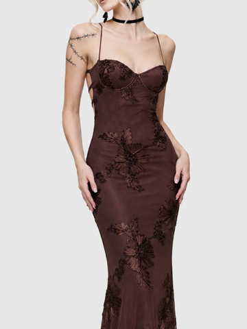 Intricate 3D Floral Embroidery Long Backless Cross-Strap Dress