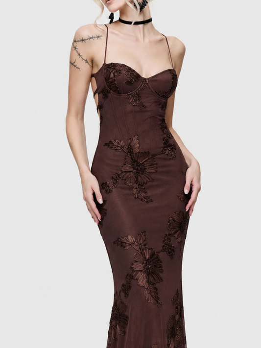 Intricate 3D Floral Embroidery Long Backless Cross-Strap Dress
