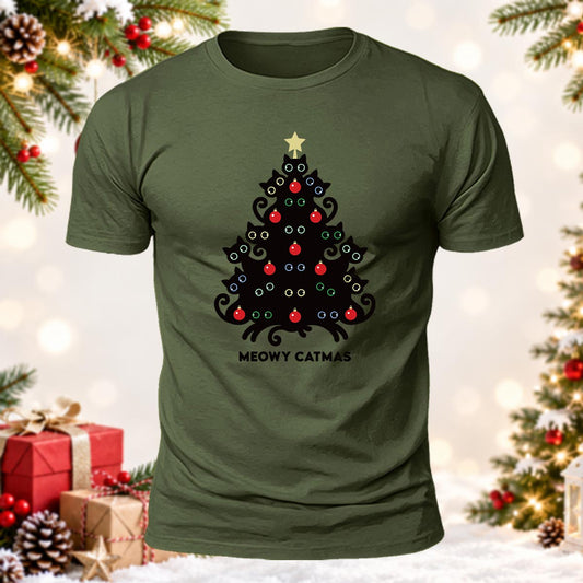 Meowy Catmas Christmas Tree Printed Short Sleeve T-Shirt