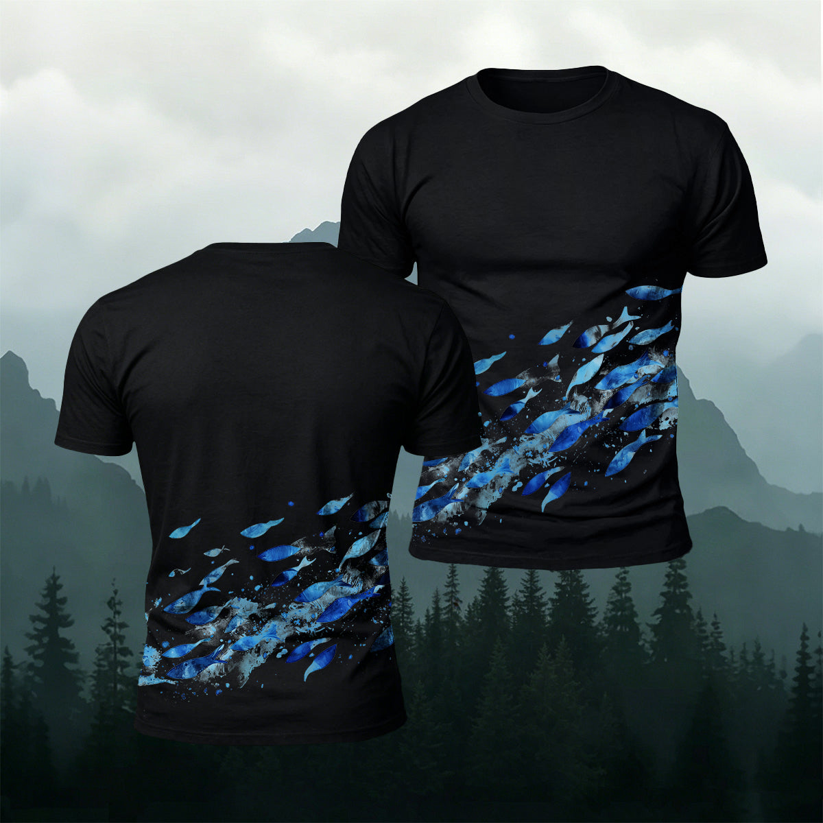 Blue Sardine Print Casual Cotton T-Shirt