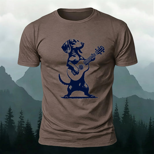 Combed Cotton Puppy Guitarist Print Crew Neck T-Shirt