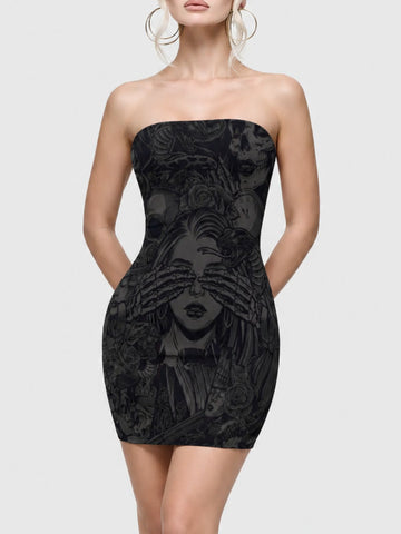 Retro Gothic Dark-Themed Blindfolded Goddess Print Bodycon Skirt