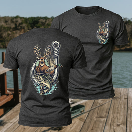 Reindeer Fish Hook Front&Back Printed Short Sleeve T-Shirt