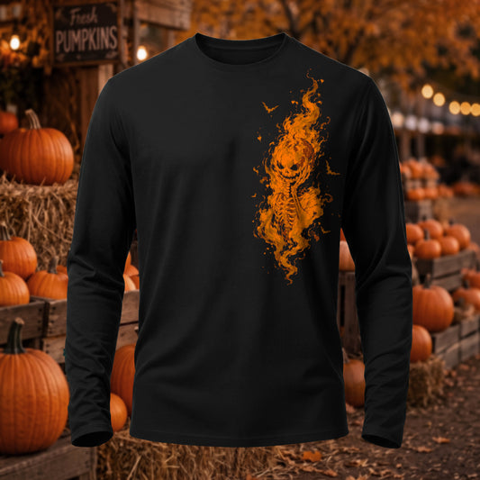 DTG Buring Pumpkin Skull Printed Long Sleeve T-Shirt