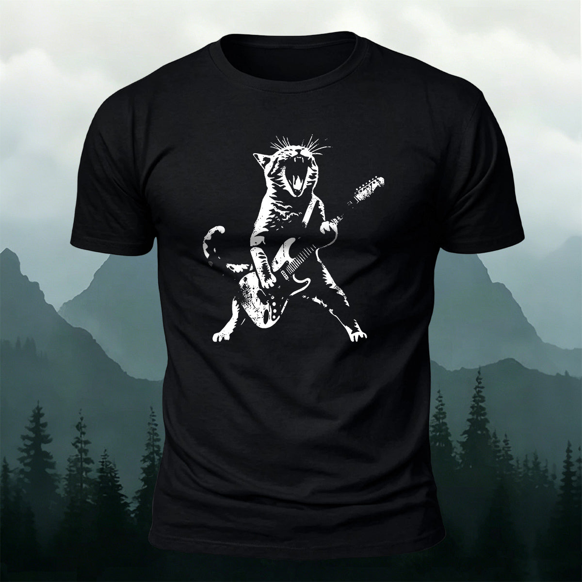 Cotton Rock ‘n’ Roll Cat Print Casual T-Shirt