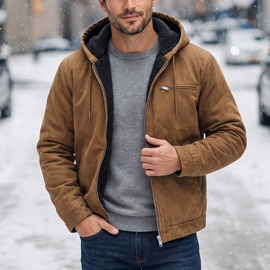 Polyester Solid Fleece‑Lined Hooded Jacket