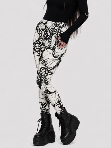 Trendy Gothic Butterfly-Print Polyester Leggings