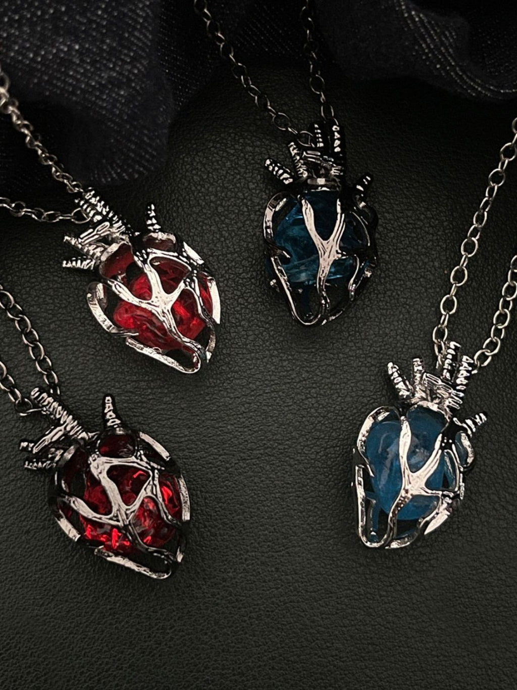 Gothic Dark Style Openwork Heart Red and Blue Glass Heart Pendant