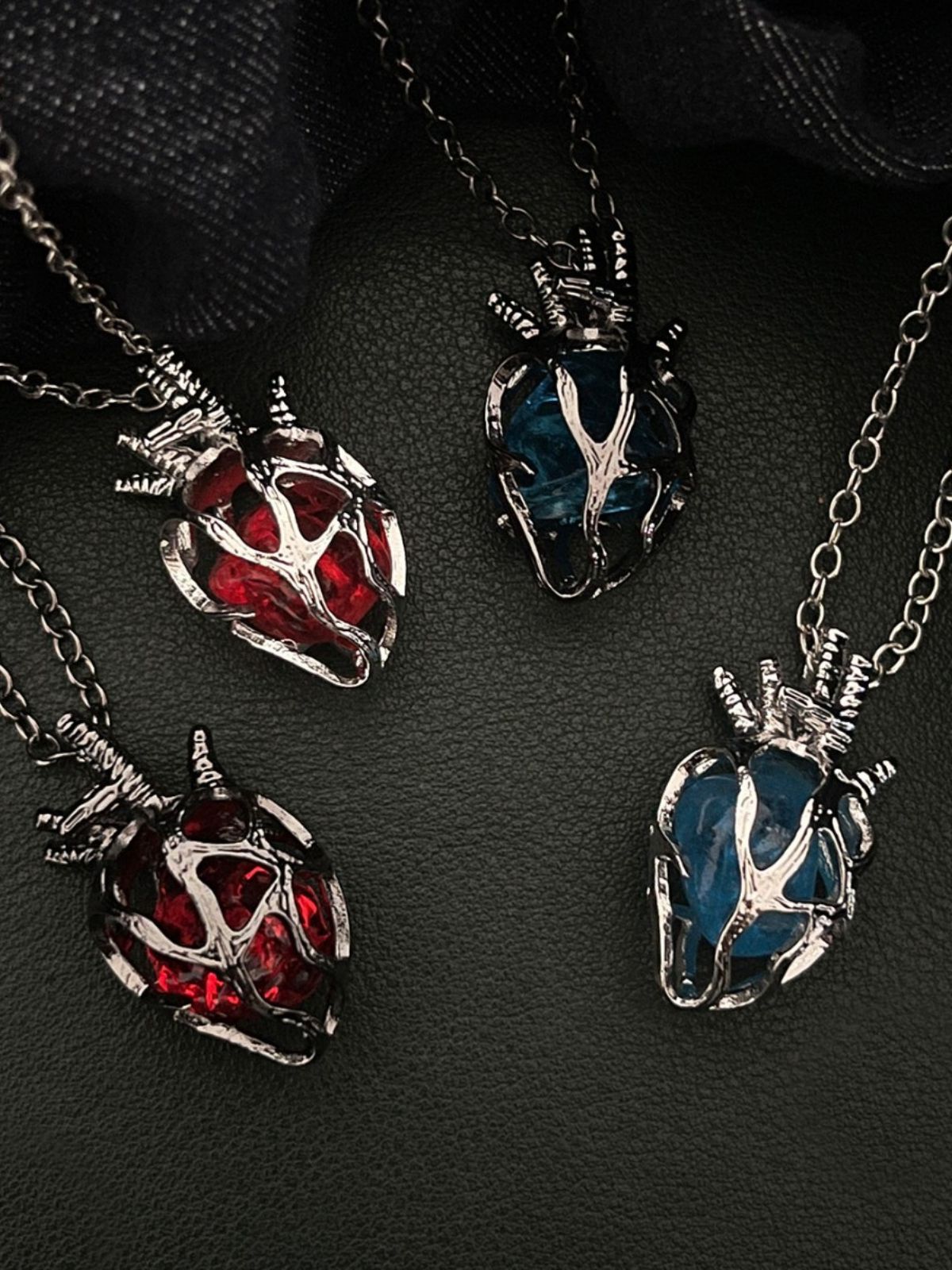 Gothic Dark Style Openwork Heart Red and Blue Glass Heart Pendant
