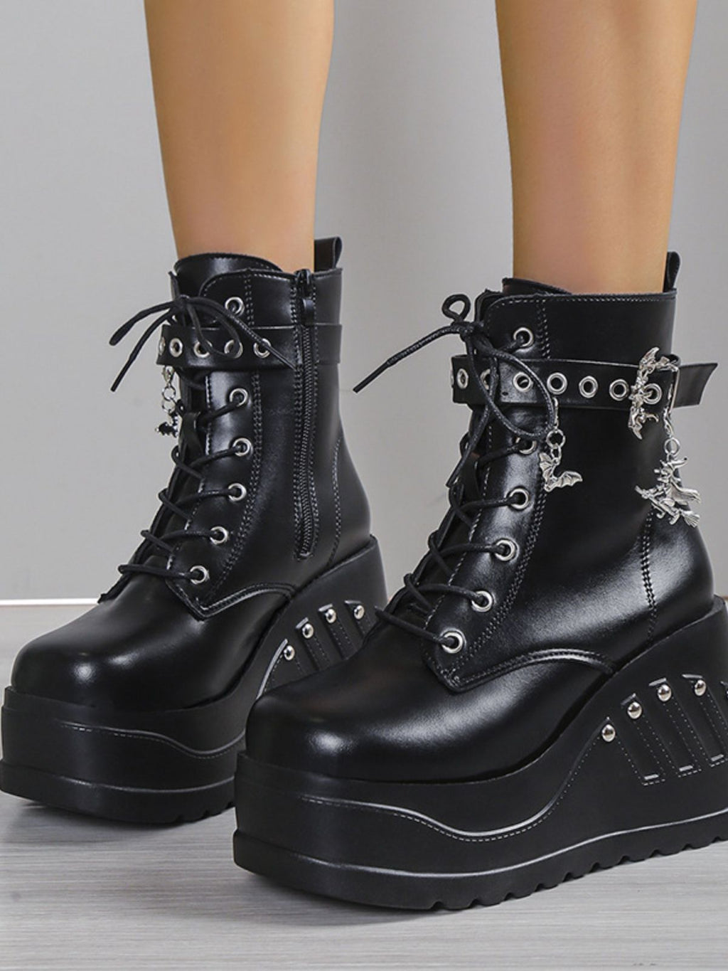 Dark Gothic Studded Wedge Platform Boots