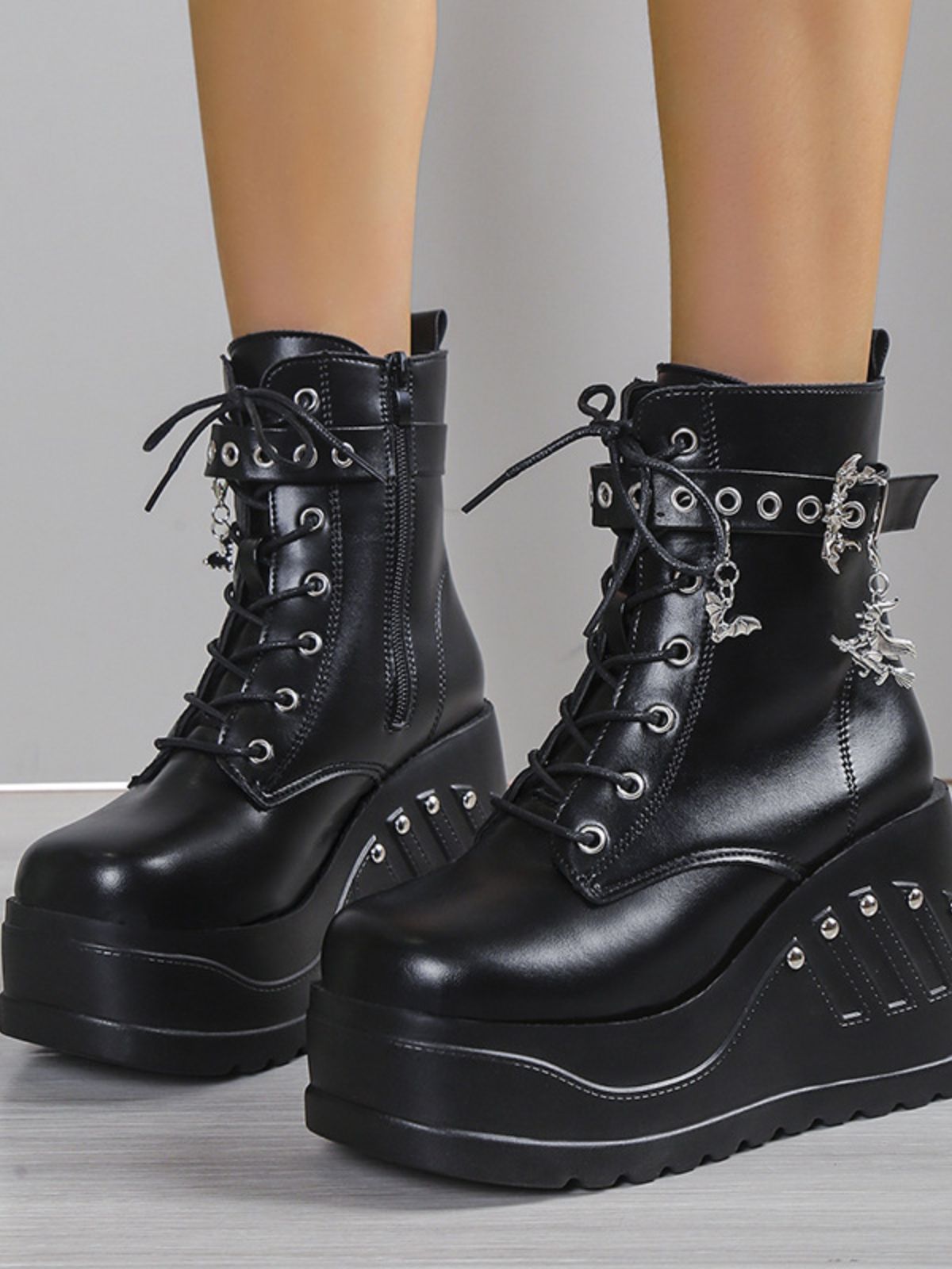 Dark Gothic Studded Wedge Platform Boots