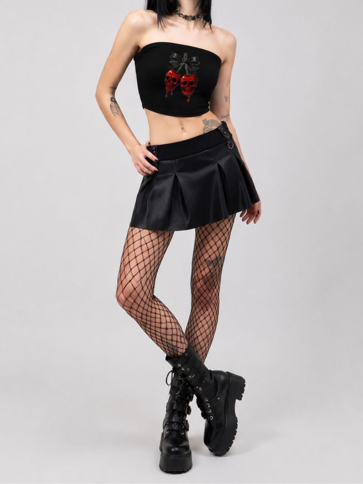 Red Cherry Skull Print Strapless Top
