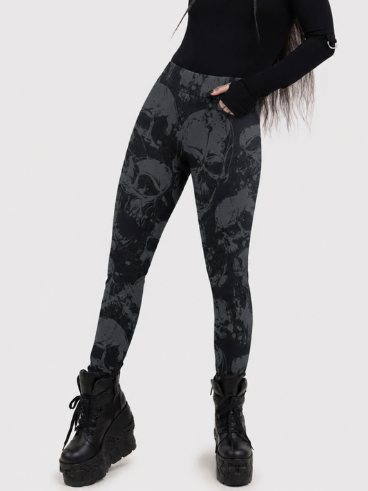 Women's Dark Gothic Skull-Print Polyester Leggings