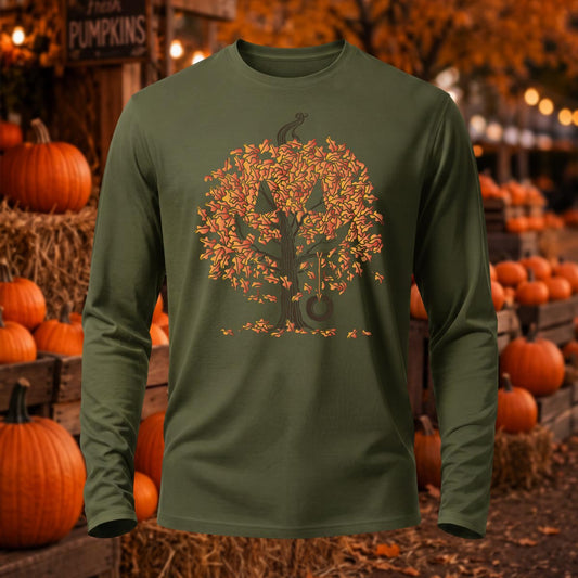 Premium Cotton Autumn Leaves Pumpkin Tree Halloween Long Sleeve T-Shirt