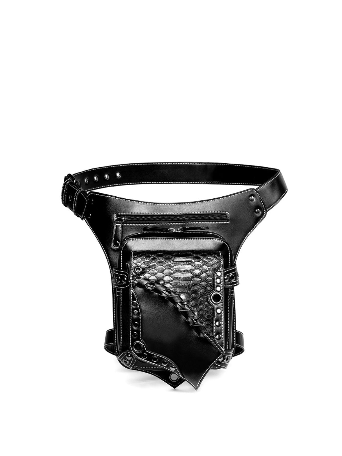 Snake-Print Patchwork Outdoor Motorcycle Studded Waist Bag