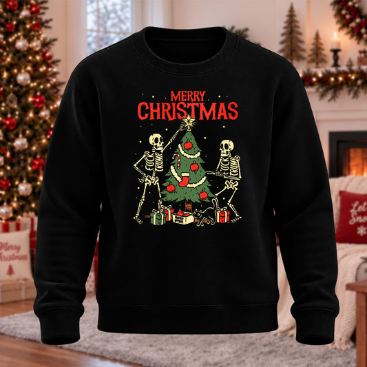 Merry Christmas Skull Printed Round Neck Sweatshirt