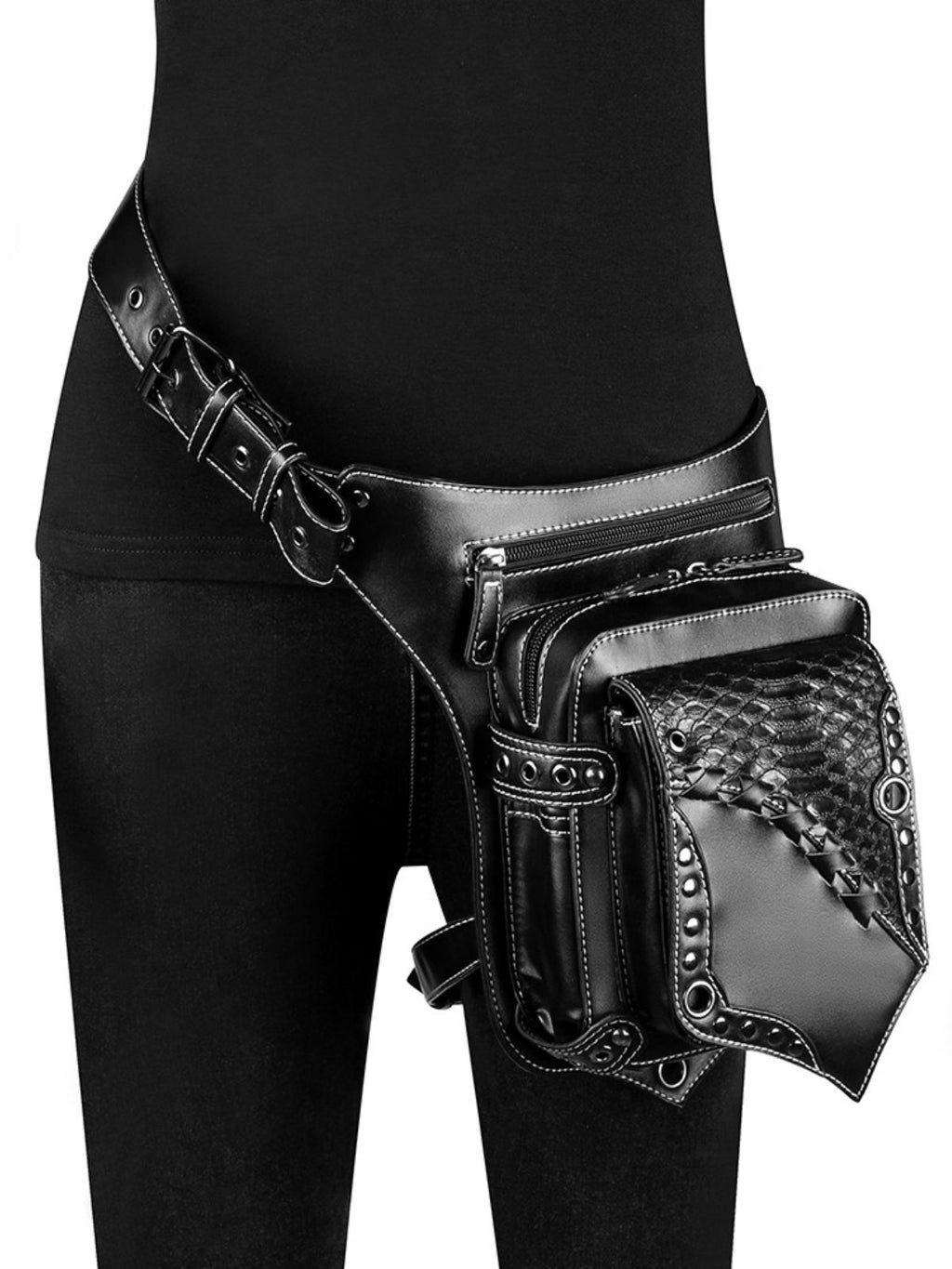 Snake-Print Patchwork Outdoor Motorcycle Studded Waist Bag