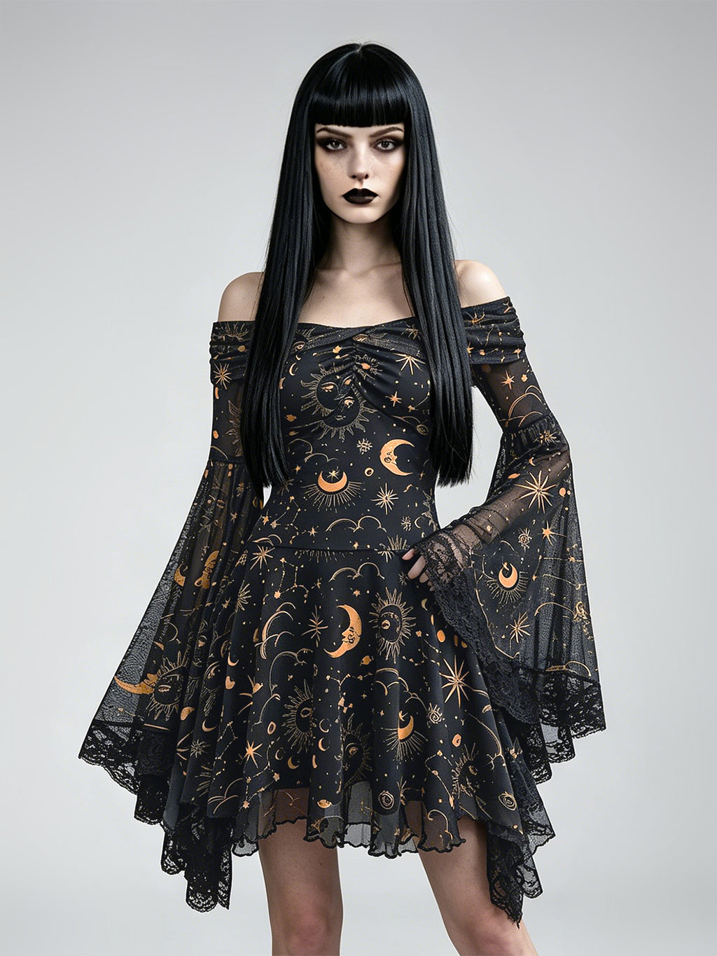 Gothic Retro Mysterious Star-and-Moon Print Flared-Sleeve A-Line Dress