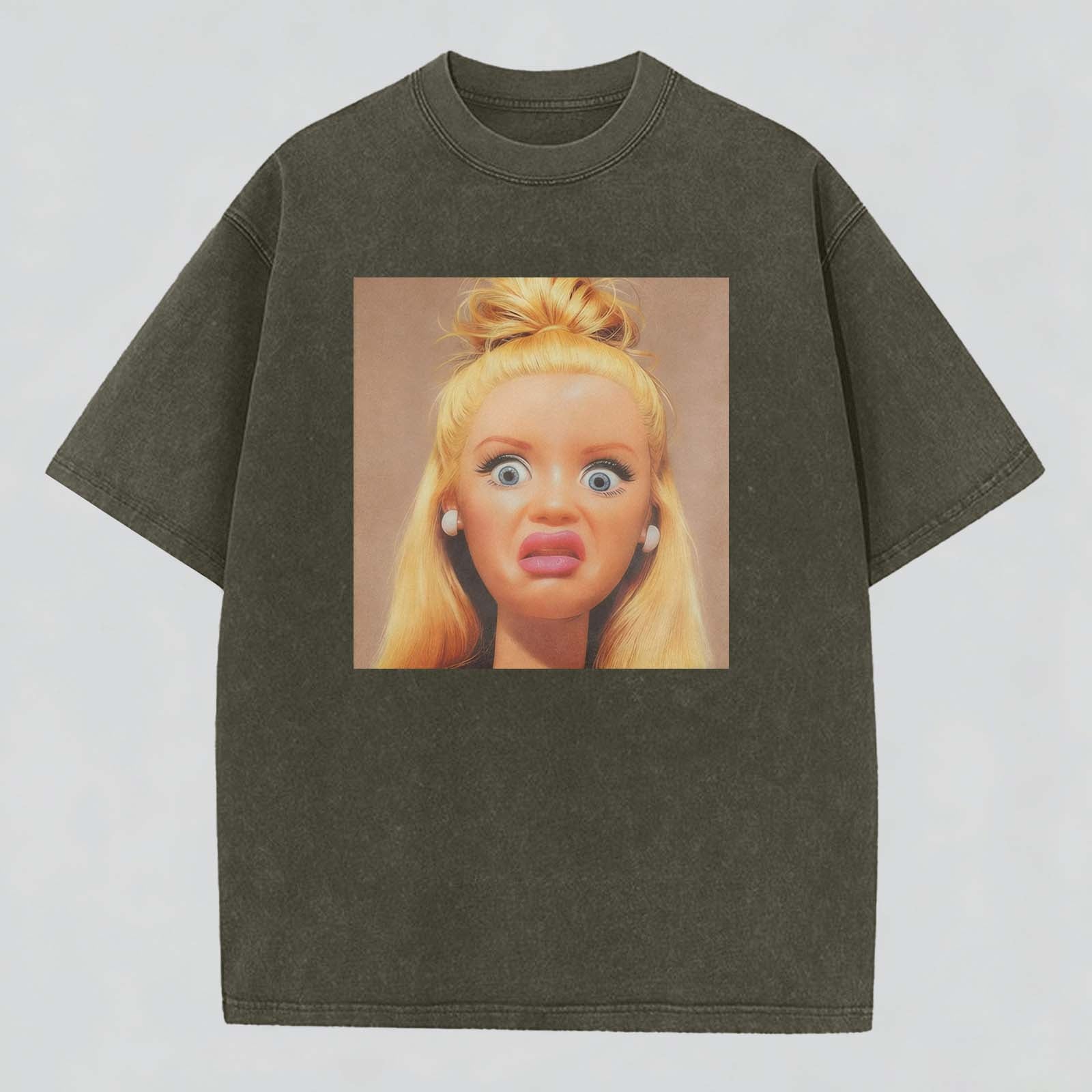 Shocked Face Print Washed Cotton Crew Neck T-Shirt