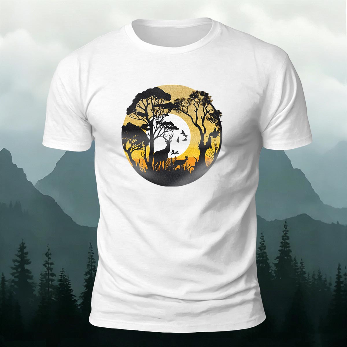 Lone Wolf in the Twilight Forest Printed Cotton Crew Neck T-Shirt