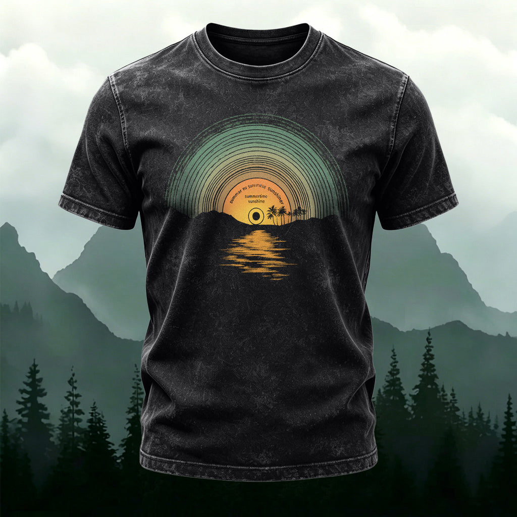 Sunset Pattern Street Casual Washed Cotton T-Shirt