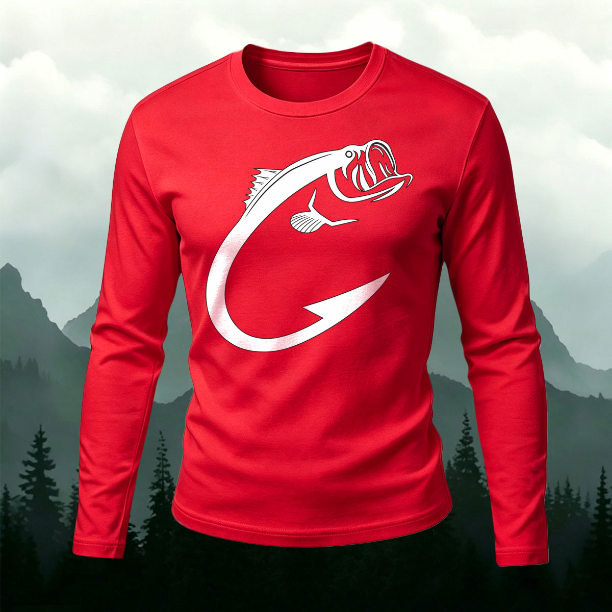 Fun Fish Hook Print Casual Long-Sleeve Cotton T-Shirt