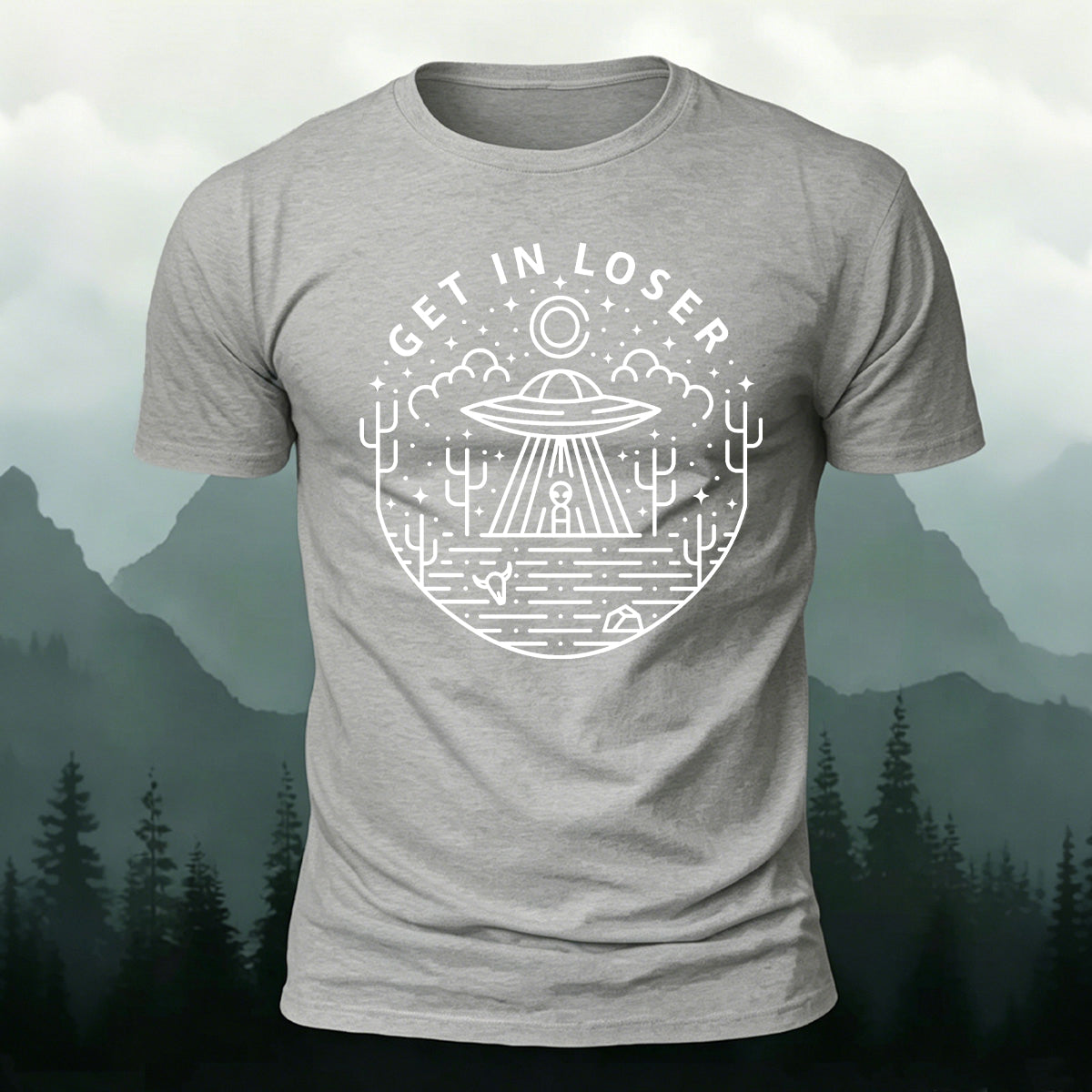 Simple Line Patterns Casual  Cotton Crew Neck T-Shirt Grey