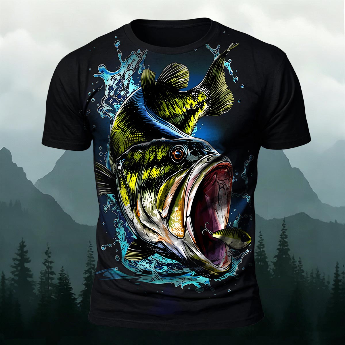 Black Fish Pattern Casual Graffiti Polyester T-Shirt Black