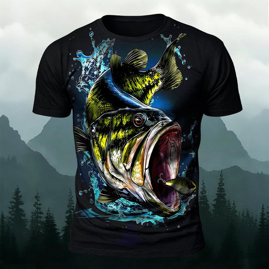 Black Fish Pattern Casual Graffiti Polyester T-Shirt Black