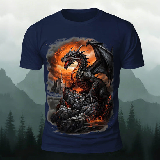 Dark Dinosaur Print Casual Crew Neck T-Shirt Navy