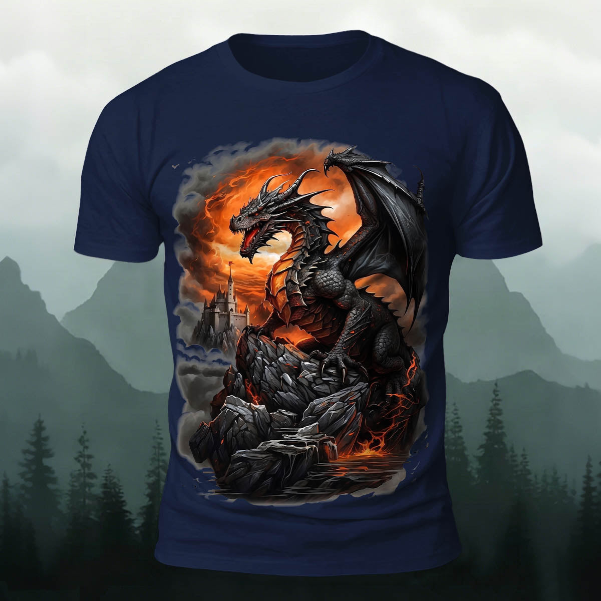 Dark Dinosaur Print Casual Crew Neck T-Shirt Navy