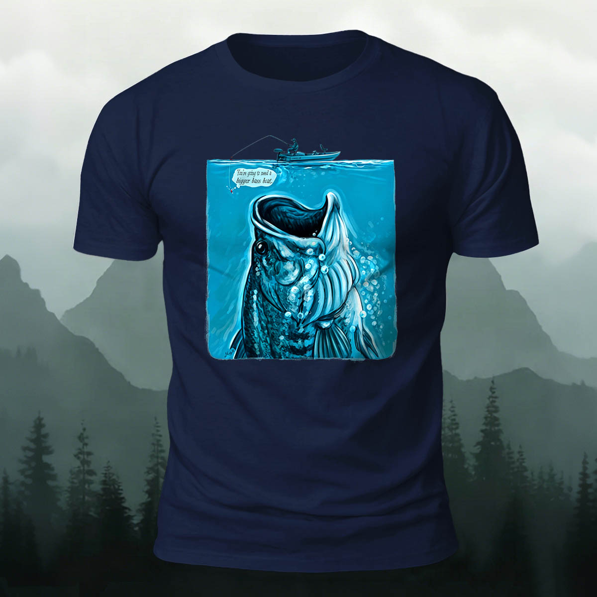 Black Bass Blue Print Casual Versatile Cotton T-Shirt
