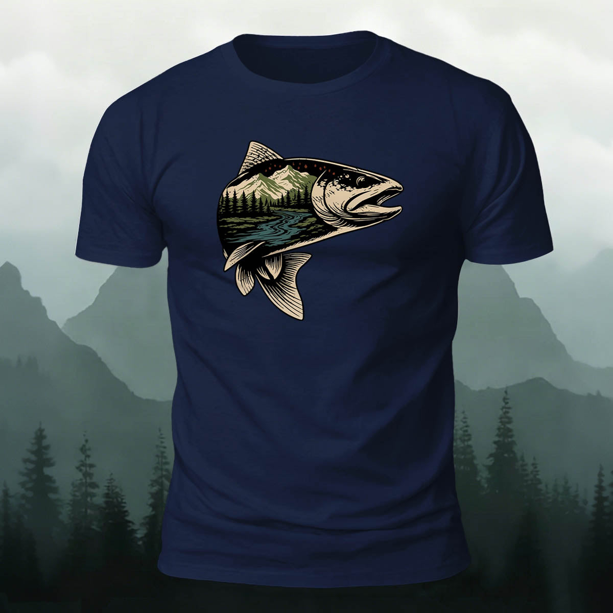 Trout Scenic Pattern Simple Casual Cotton T-Shirt