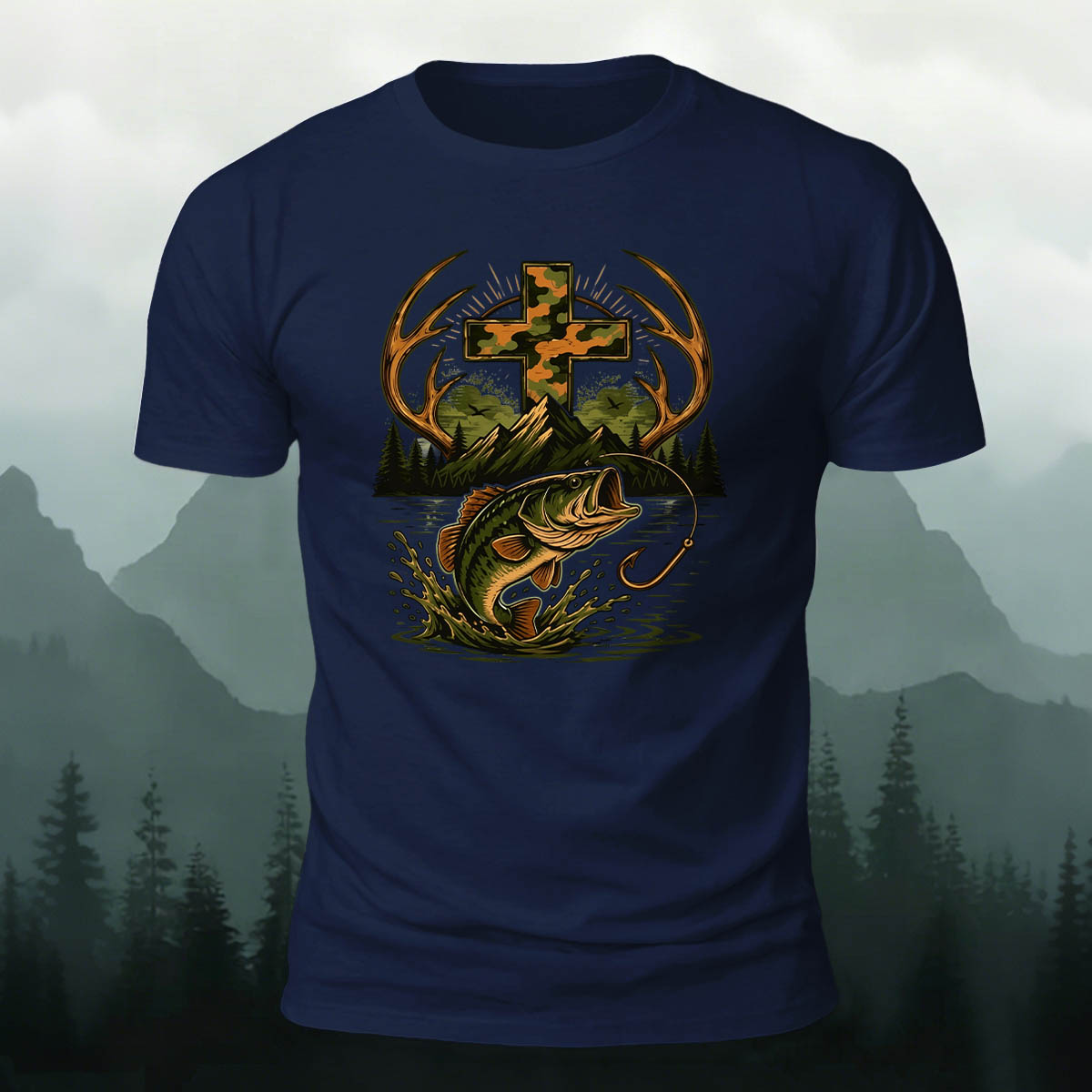 Fishing Cross Graphic Casual 100% Cotton T-Shirt