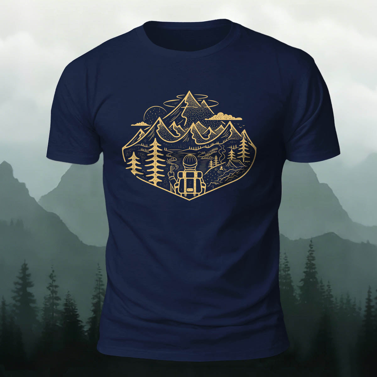 Mountain Adventure Sketched Art Print Outdoor Cotton Tee