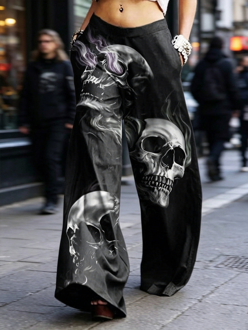 Dark Rock-Style Straight-Leg High-Waisted 3D Skull Work Pants