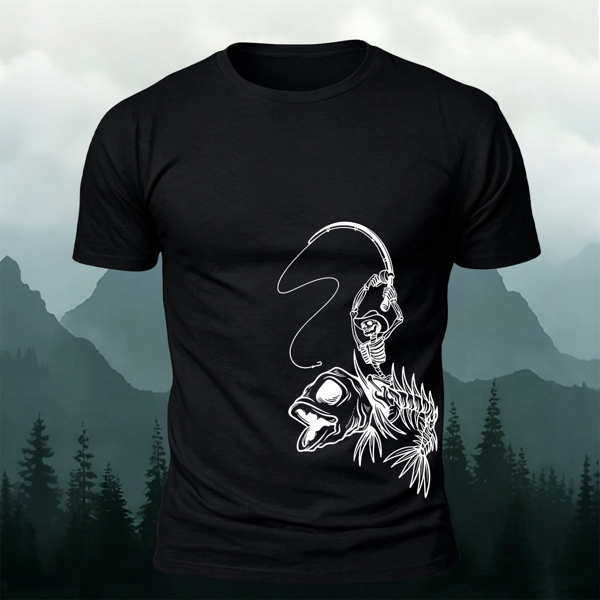 Fishbone Fishing Series Printed Round-Neck Cotton T-Shirt