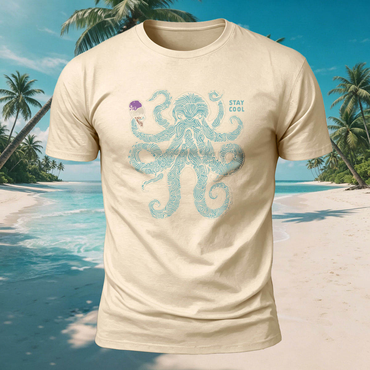 Octopus Eating Ice Cream Print Versatile Breathable Cotton Tee