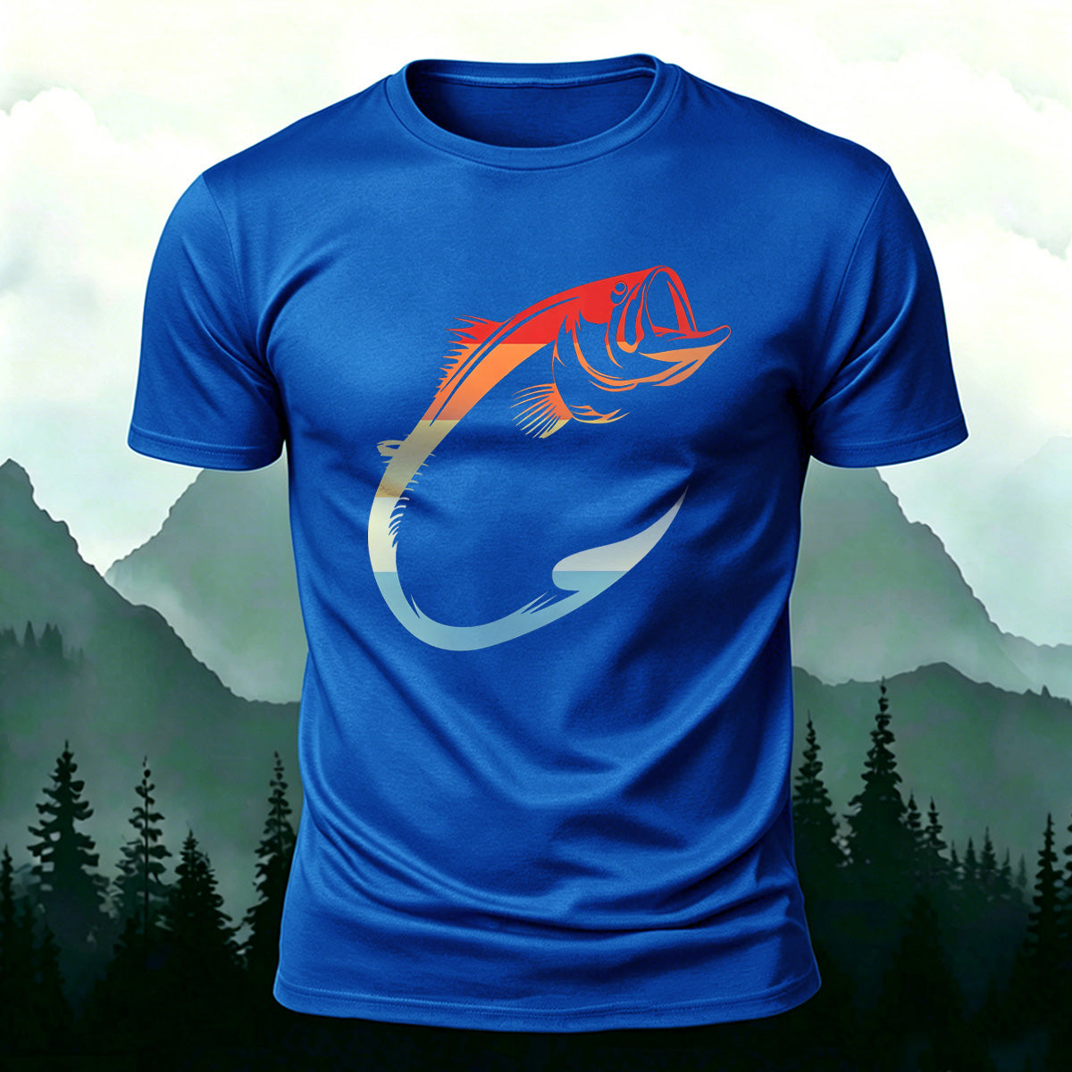 Colorful Hook Print Breathable Material Casual T-Shirt Blue